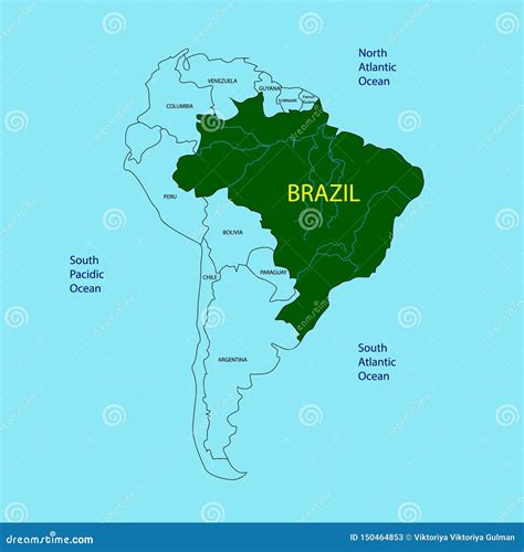 Amazon River Map in Yellow Color on Blue Background. Vector Illustration of Amazon Map Brazil ...