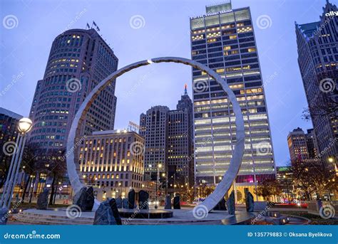 Detroit Downtown Waterfront Skyscraper At Night From Above Editorial Photo | CartoonDealer.com ...