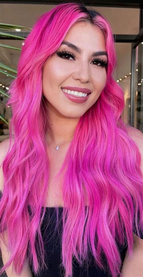 34 Pink Hair Colours That Gives Playful Vibe : Fuchsia Pink Long Hair