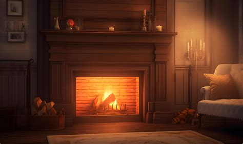 A cozy fireplace scene with a warm wallpaper, inviting glow that evokes ...