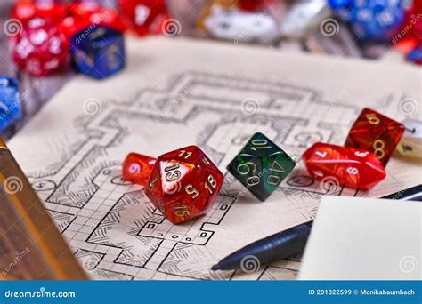 Colorful Tabletop Role Playing RPG Game Dices On Hand Drawn Dungeon Map Editorial Photo ...