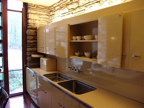 Fallingwater house kitchen table and stove, Frank Lloyd Wright