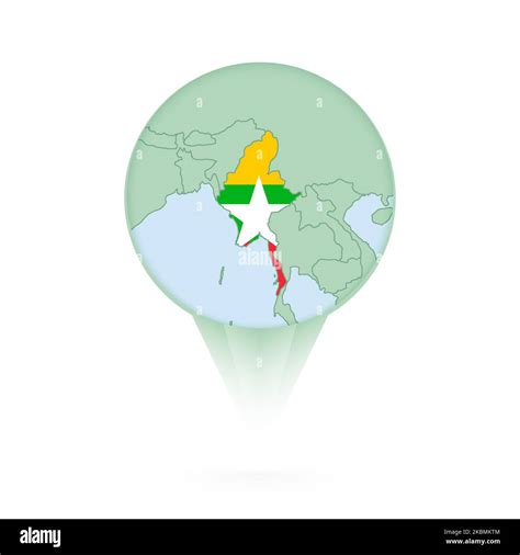 Myanmar map, stylish location icon with Myanmar map and flag. Green pin ...