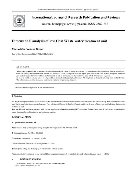 (PDF) Dimensional analysis of low Cost Waste water treatment unit ...