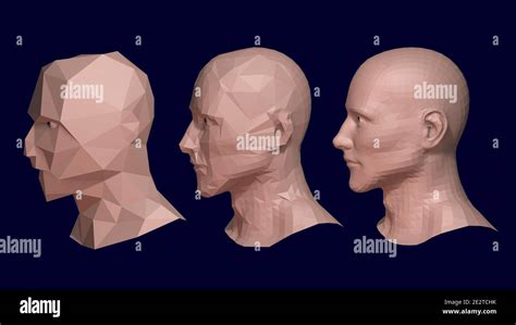 3d male model high resolution solid surface object . Face of polygonal man. Polygon reduction ...