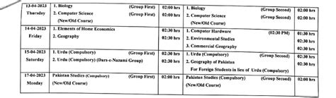 BISE Bahawalpur Board 10th Class 1st Annual Exam Date Sheet 2023