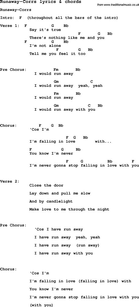 Love Song Lyrics for:Runaway-Corrs with chords.