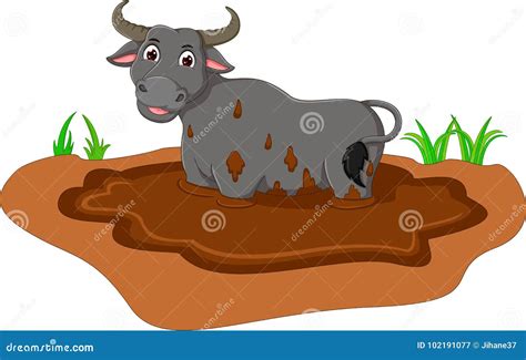 Funny Bufallo Cartoon Standing on Mud Stock Illustration - Illustration of graphic, contour ...