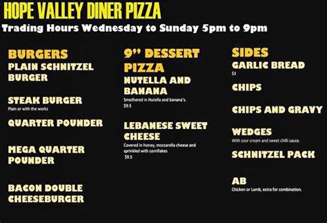 Menu at The Hope Valley Diner restaurant, Hope Valley