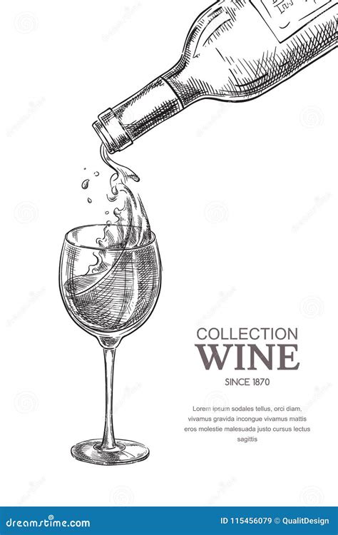 Wine Pouring from Bottle into Glass, Sketch Vector Illustration. Hand Drawn Label Design ...