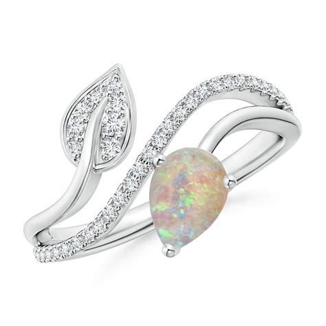 Opal and Diamond Bypass Ring with Leaf Motif | Angara