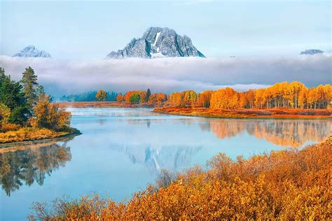 HD wallpaper: USA, Wyoming, National Park, Grand Teton, large body of water with orange leaf ...