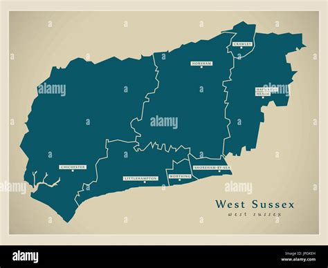 Modern Map - West Sussex county with cities and districts England UK ...