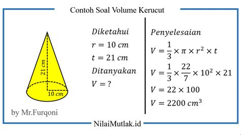 Sebuah kerucut memiliki jari-jari alas 14 cm jika tinggi kerucut 12 cm volumenya adalah