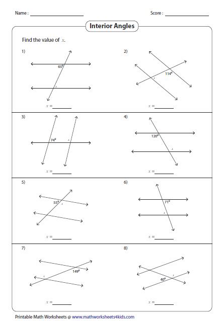 Angles Formed by a Transversal Worksheets