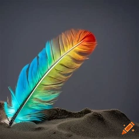 Colorful feather on the sandy beach on Craiyon