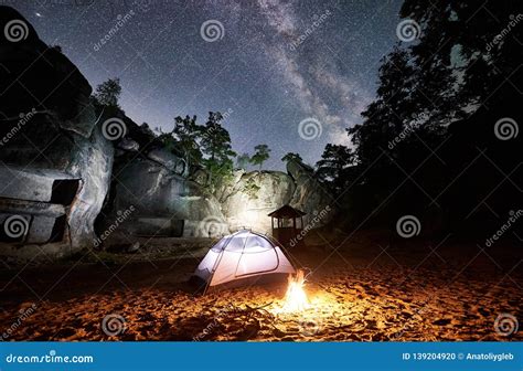 Tourist Camping on Rocky Mountain Under Night Starry Sky Stock Photo - Image of hill, background ...