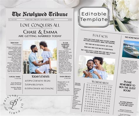 Newspaper Wedding Program, Printable Template Program, Itinerary, Unique Wedding Announcement ...