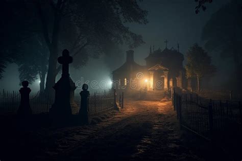 Dark Graveyard at Night, Shrouded in Thick Fog and an Eerie Horror ...