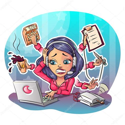 Business cartoon woman hard working in office. Many tasks concept ...