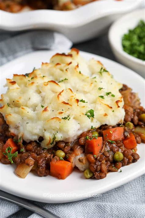 Vegetarian Shepherd's Pie has tender lentils simmered in a rich savory broth, topped with creamy ...