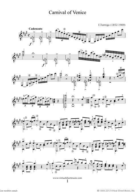 Tarrega - Carnival of Venice sheet music for guitar solo [PDF]