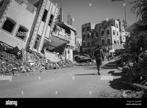 Taiz / Yemen - 13 Apr 2017 : Yemeni in front of destroyed homes by war ...