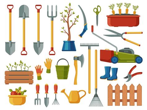 Gardening equipment. Abstract cartoon garden tools with pitchfork spad ...