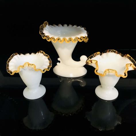 Vintage Set of 3 Fenton Vases Candleholder with 2 smaller vase Gold ...