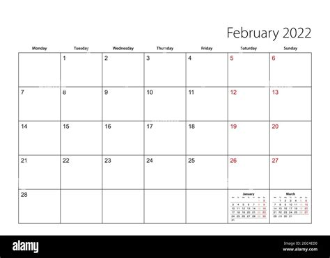 February 2022 simple calendar planner, week starts from Monday. Vector calendar planner Stock ...