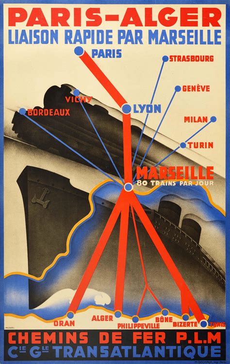 Robert Falcucci - Original Vintage PLM Railway Poster Paris Algeria Europe North Africa Route ...