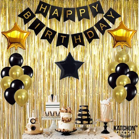 Happy Birthday Decorations Gold Black Decoration Kit, Gold Metallic Fringe Shiny Curtains, Happy ...