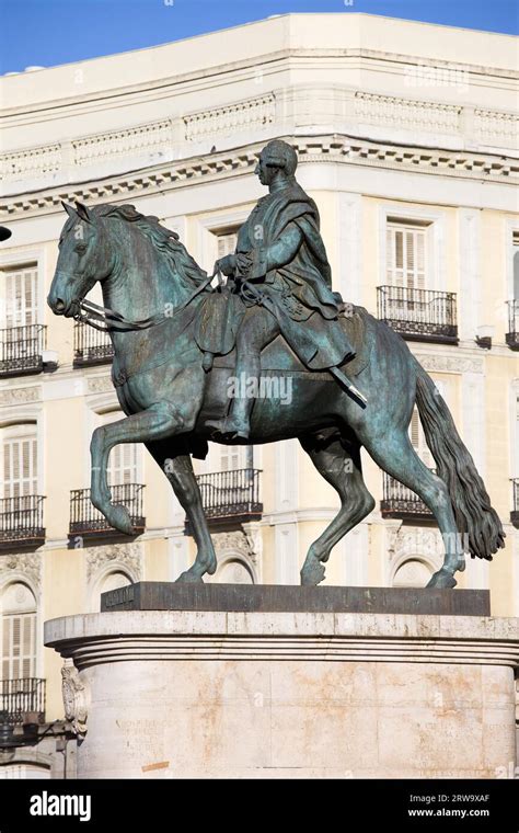 Equestrian statue of King Charles III, monument on Puerta del Sol in ...