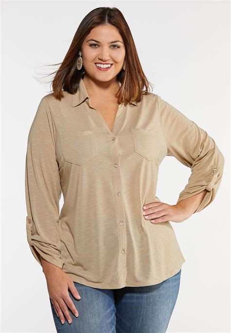 Plus Size Double Pocket Utility Top Tops Cato Fashions | Plus size tops, Casual knit tops, Plus ...