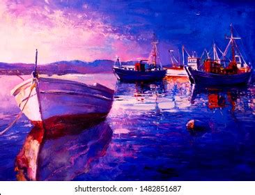 Original Oil Painting Fishing Boats Modern Stock Illustration 1482851687