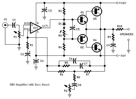 Transistored 10W Audio Amplifier - Circuit Scheme