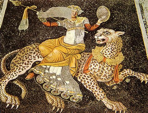 The Greek god Dionysos sitting on a panther. The mosaic is an image from the Bacchantes tragedy ...