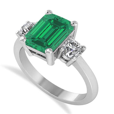 Emerald & Round 3-Stone Emerald & Diamond Engagement Ring 14k White ...