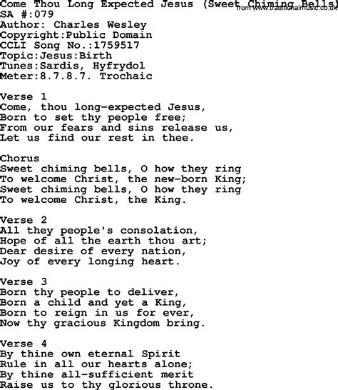 Salvation Army Hymnal Song: Come Thou Long Expected Jesus (Sweet Chiming Bells), with Lyrics and PDF