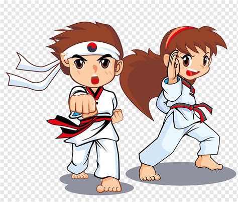 Boy and girl doing karate cartoon illustration, Taekwondo Martial arts Icon, Taekwondo game ...