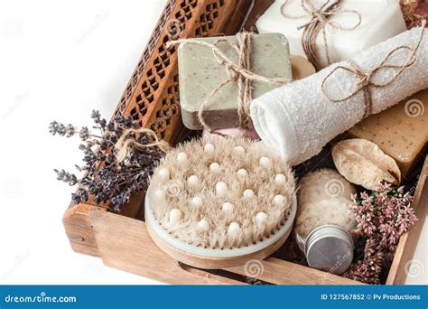 Organic Spa Products in a Wooden Box Stock Photo - Image of natural ...