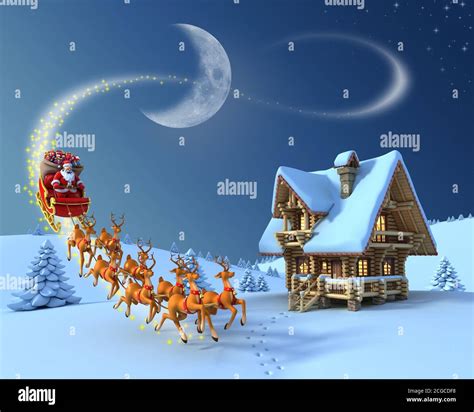 Christmas night scene - Santa Claus rides reindeer sleigh in front of the log house Stock Photo ...