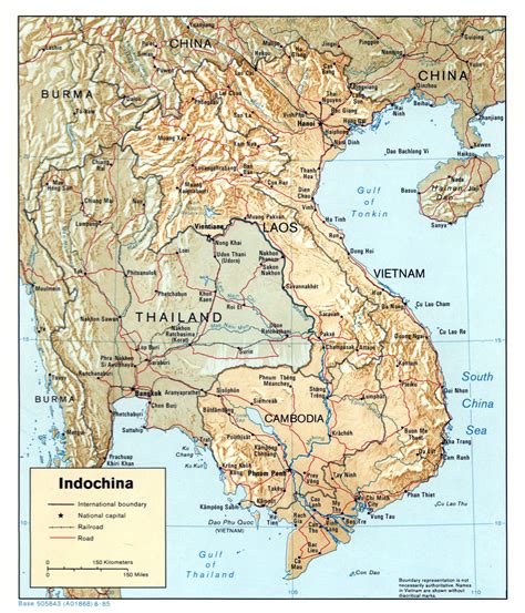 Large detailed political map of Indochina with relief, roads and major ...