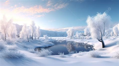 Large Frozen Lake Scene With Trees Covered With Snow Background, 3d ...