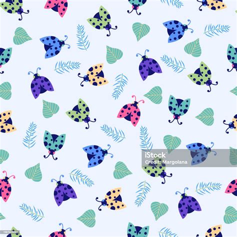 Cute Ladybugs With Leaves Seamless Pattern Background Stock Illustration - Download Image Now ...