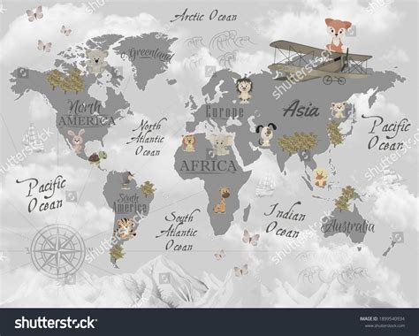 Animals World Map Kids Wallpaper Design Stock Illustration 1899540934 | Shutterstock