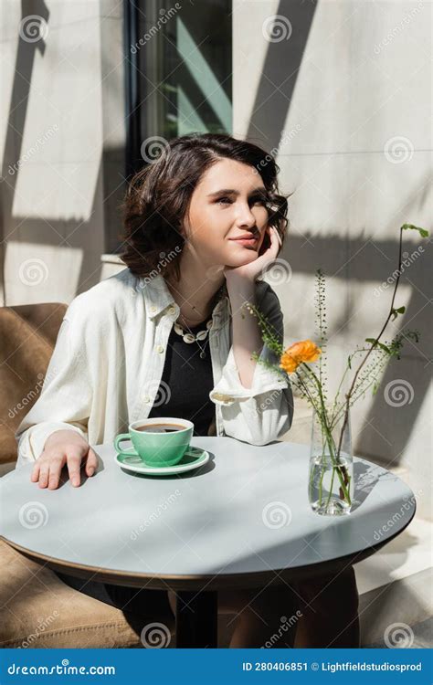 Smiling Woman Sitting at White Round Stock Image - Image of aromatic, sitting: 280406851