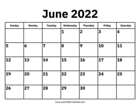 June 2022 Calendar - A Printable Calendar