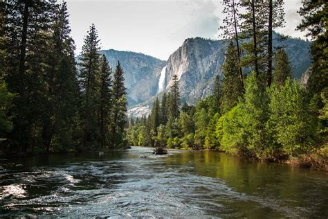 View of Yosemite Falls from the bridge above Merced River in Yosemite ...