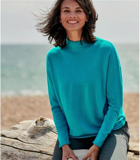 Cyan Blue | Womens Cashmere Merino Mock Neck Sweater | WoolOvers US